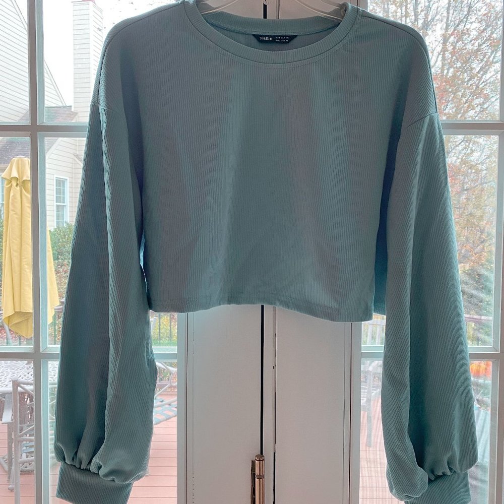 New Women's Light Blue Round Neck Ribbed Crop Top with Puffy Sleeves